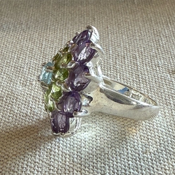 Amethyst Peridot & Blue Topaz Sterling Silver Flower Ring - Size 8 - Picture 2 of 6